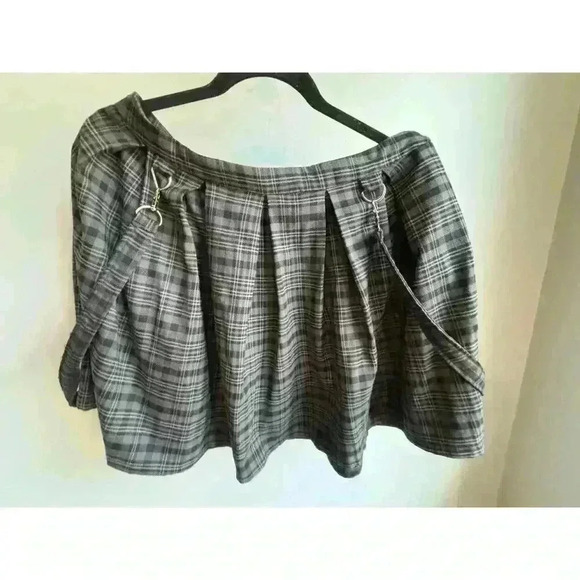 HOT TOPIC Plaid Skirt Womens L Black Gray Grunge Rock Punk Academia Suspenders - Picture 3 of 4